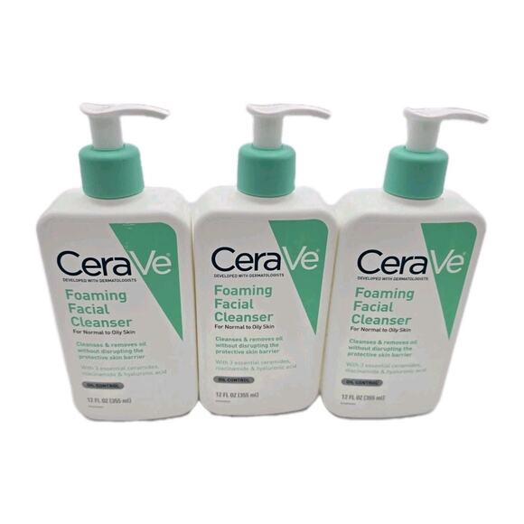 CeraVe Daily Face Wash, Foaming Cleanser for Normal to Oily Ski ,12 fl oz 3 pack - Picture 1 of 3